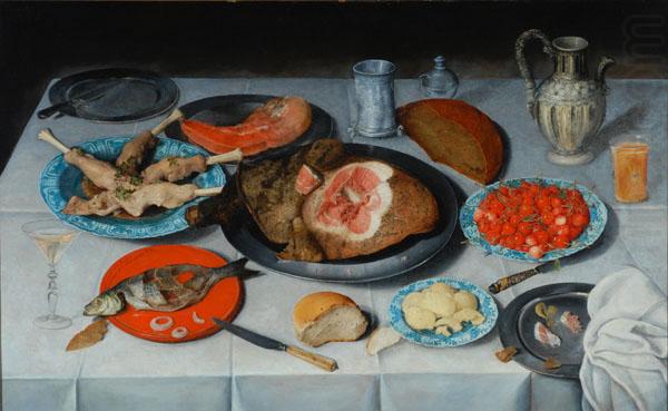 Breakfast piece with a fish, ham and cherries, unknow artist